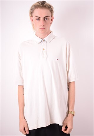 TOMMY HILFIGER MENS VINTAGE POLO SHIRT XL WHITE 90S