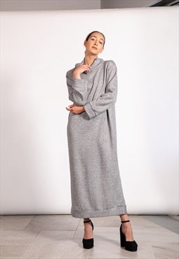 Fluffy Turtleneck Dress In Grey, Cozy Winter Dress 