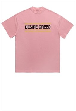 Greed t-shirt grunge tee retro slogan raver top in pink