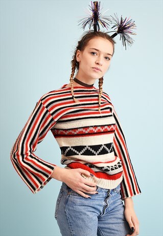 70'S RETRO STRIPED KNIT SHORT SLEEVED CHRISTMAS JUMPER