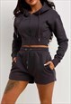 BLACK CROPPED ZIPPED HOODIE AND SHORT CO-ORDS SET