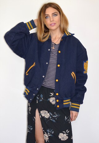 VINTAGE 90S NAVY & YELLOW AMERICAN BASEBALL VARSITY JACKET