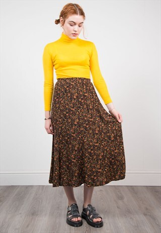 VINTAGE ORANGE FLORAL PATTERN BOHO MIDI SKIRT
