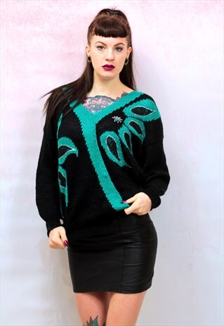 1980S VINTAGE GREEN AND BLACK APPLIQUE KNITWEAR JUMPER
