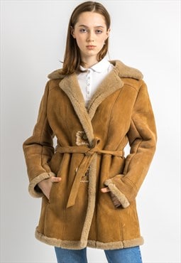 Women Sheepskin Coat 80s, Size M, Brown Winter Coat 5932