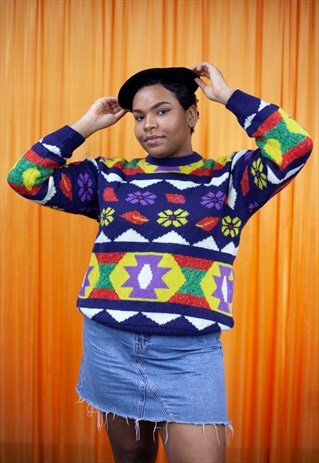 VINTAGE 80S JUMPER NAVY BLUE PURPLE YELLOW RED FLORAL AZTEC