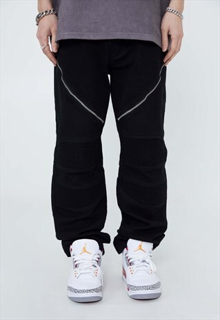 ZIP JEANS STRIPES PATCH DENIM WIDE JEAN PANTS IN BLACK