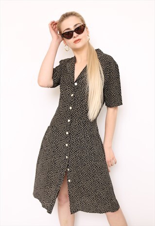 VINTAGE 90S BLACK POLKADOT BUTTON MIDI DRESS