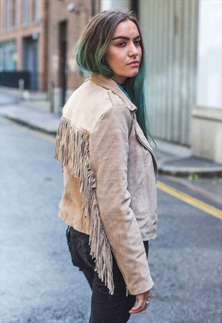 CREAM SUEDE FRINGE BIKER JACKET