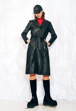 Vintage 90s Leather Trench Coat in Black