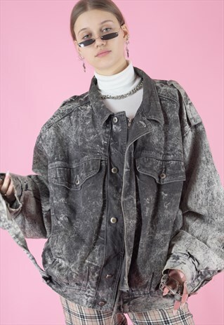 VINTAGE DENIM JACKET IN GREY ACID WASH WITH BUCKLES