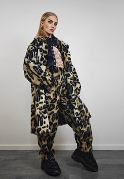 Leopard joggers faux fur pants animal print trouser brown