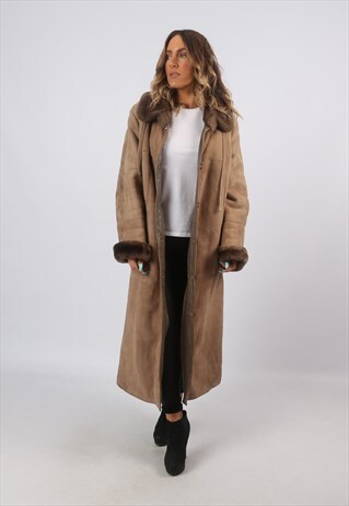 SHEEPSKIN SHEARLING SUEDE LONG COAT UK 14 - 16 (A8BD)