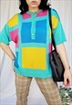 VINTAGE 80S COLORFUL GEOMETRIC BUTTON COLLAR KNITTED BLOUSE