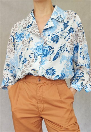 VINTAGE WHITE BLUE PAISLEY PRINT TOP, POLYESTER BUTTON UP