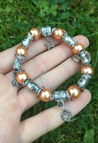 WOMENS BOHO FESTIVAL PEACH FAUX PEARL CHARM BRACELET