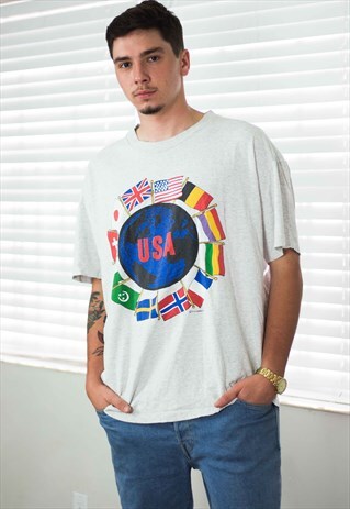 VINTAGE USA GLOBE PRINT T-SHIRT LOGO 90S XXL 8.7