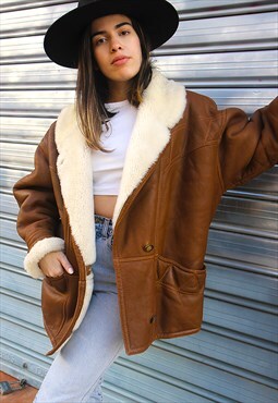 Brown Real Leather Shearling Lined Winter Coat 