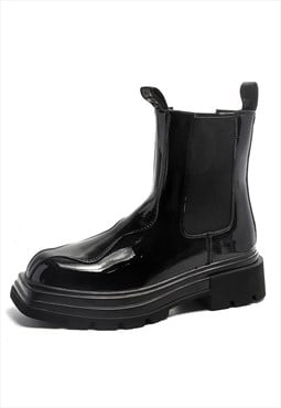 Shiny ankle boots chunky sole grunge patent shoes in black