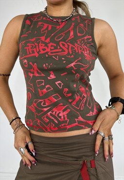 Vintage 90s Vest Top Tank Graffiti Print Khaki Grunge Y2k