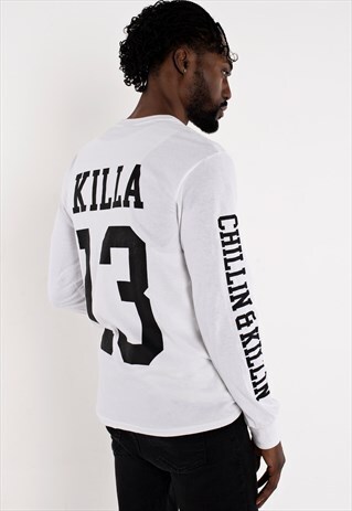 WHITE KILLA 13 LONG SLEEVE GRAPHIC PRINT T-SHIRT