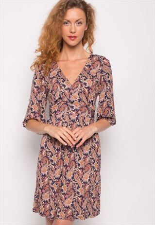PAISLEY PRINTED KIMONO SLEEVES WRAP DRESS