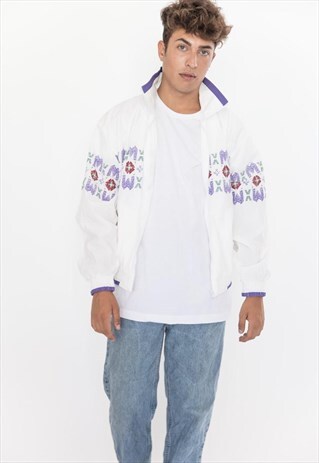 VINTAGE 80S WHITE WITH PURPLE PRINT BOMBER JACKET