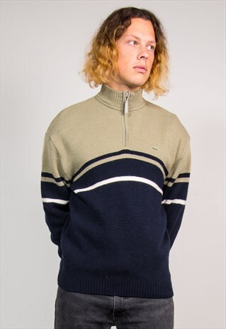 90'S VINTAGE LACOSTE NAVY STRIPE QUARTER ZIP KNITTED JUMPER