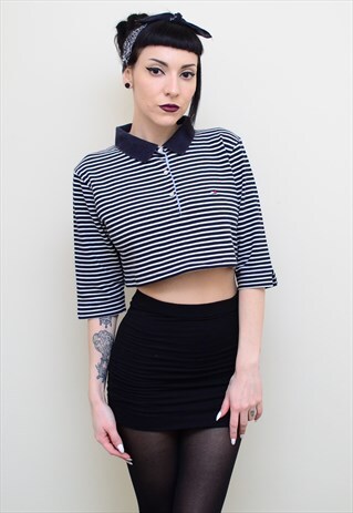 00'S RETRO BLACK WHITE STRIPED REWORKED CROPPED POLO SHIRT