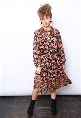 VINTAGE 70S BROWN ORANGE FLORAL LONG SLEEVE DRESS