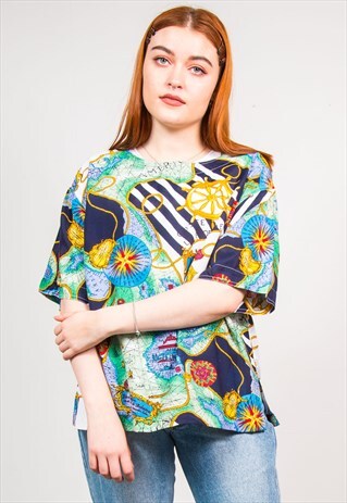 VINTAGE 90'S WORLD MAP PATTERN SHORT SLEEVE TOP BLOUSE