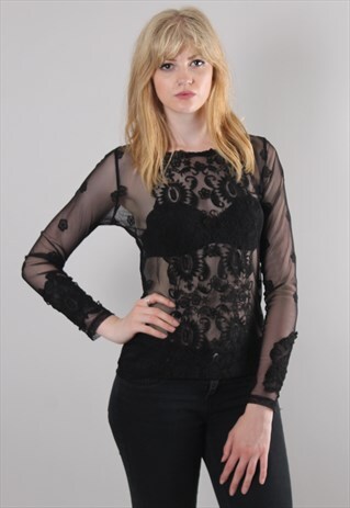 VINTAGE 90S SHEER BLACK EMBROIDERED TEXTURED TOP