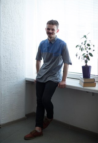 VINTAGE 90'S LIGHT BLUE/BROWN STRIPED POLO SHIRT