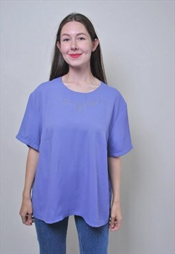 Vintage purple minimalist blouse, 80s flowers shirt for work