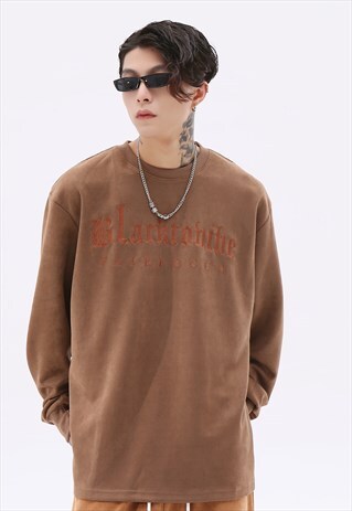 VELVET FEEL SWEATSHIRT EMBROIDERED PATCH VELOUR JUMPER BROWN