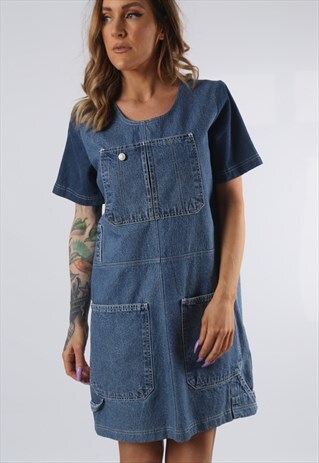 VINTAGE DENIM DRESS BICH REWORKED DUNGAREES UK 10 - 12 (DDJ)