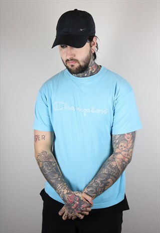 VINTAGE CHAMPION T-SHIRT WITH PRINTED LOGO IN BLUE