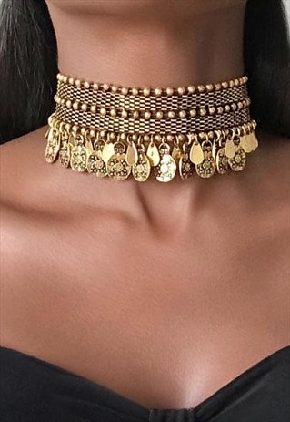 CHOKER NECKLACE TRIBAL COINS GOLD 