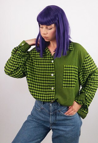 VINTAGE 90'S CHECK PATTERN GREEN AND BLACK BLOUSE