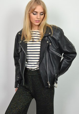 VINTAGE BLACK LEATHER CROPPED MOTORCYCLE BIKER JACKET