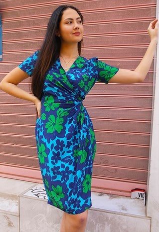 FLORAL WRAP DRESS IN BLUE & GREEN