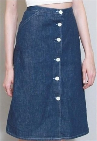 VINTAGE 1970'S DARK WASH DENIM BUTTON FRONT MIDI SKIRT
