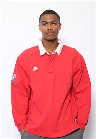 VINTAGE NIKE LOGO LONG SLEEVED RUGBY POLO SHIRT RED