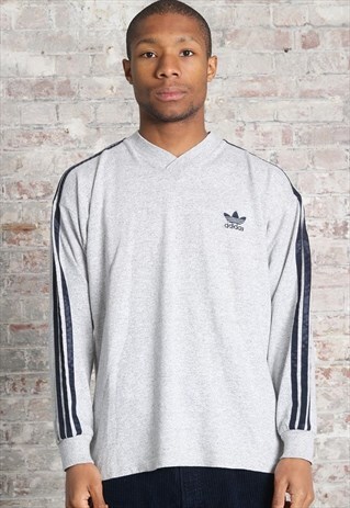 VINTAGE ADIDAS LOGO 3 STRIPE LONG SLEEVED T-SHIRT GREY
