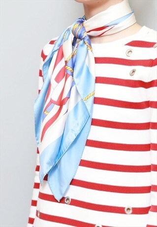 VINTAGE 1970'S SILK RED & BLUE NAUTICAL PRINT SCARF