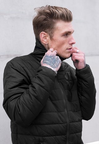 ESSENTIAL COLLARED ZIP UP PUFFER PADDED JACKET - BLACK