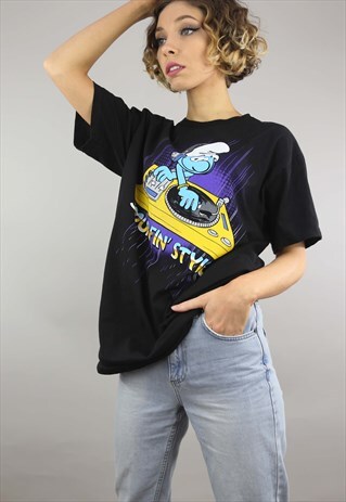 VINTAGE RETRO OVERSIZED SMURFS T-SHIRT BLACK CARTOON