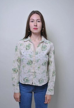 Vintage women blouse, 90s buta pattern beige cute shirt 
