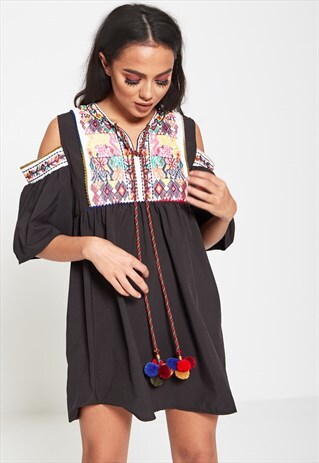 BLACK EMBROIDERED COLD SHOULDERED MINI DRESS