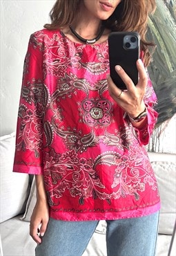 Magenta Pink Floral Boho Tunic / Blouse - Large 